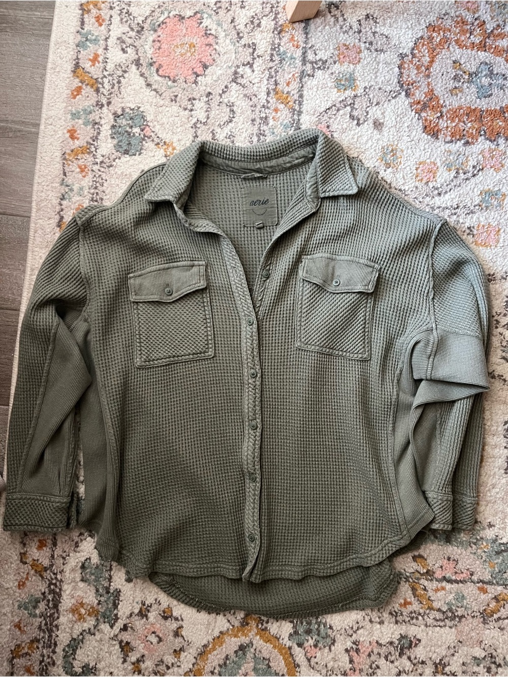 aerie Olive Green Waffle-Knit Button Front tunic size M